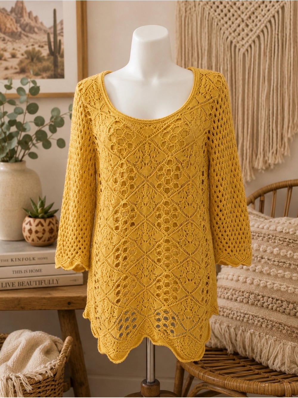 Mustard Yellow Crochet Knit Tunic cotton sweater size medium